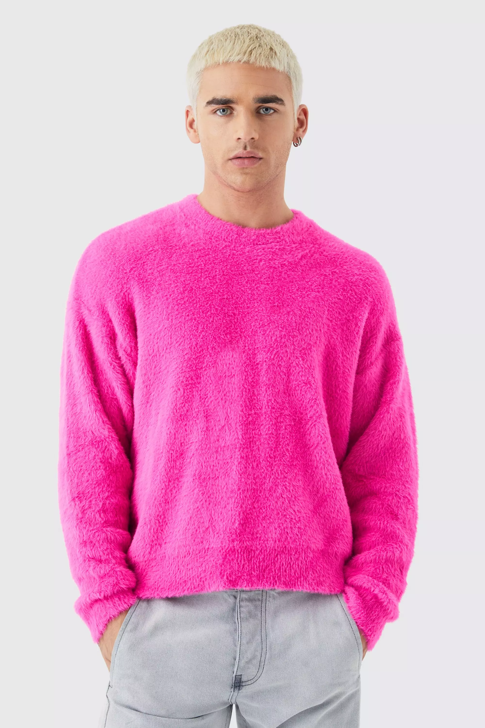 Boxy Crew Neck Fluffy Knitted Jumper | boohooMAN